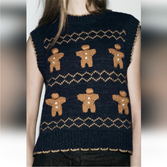 ZARA GINGERBREAD COOKIES KNIT SWEATER VEST - Picture 2 of 5